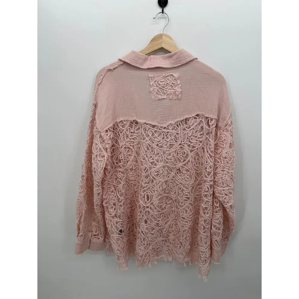 POL Lace Shacket Baby Pink Button Front Overshirt Jacket Women’s Large NWT - Picture 2 of 8